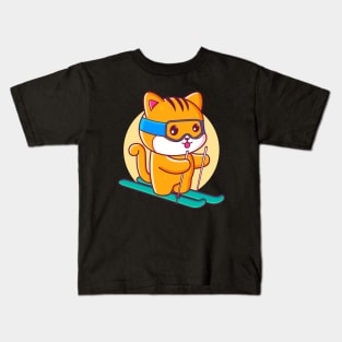 Cute Kawaii Cat Ski Kids T-Shirt